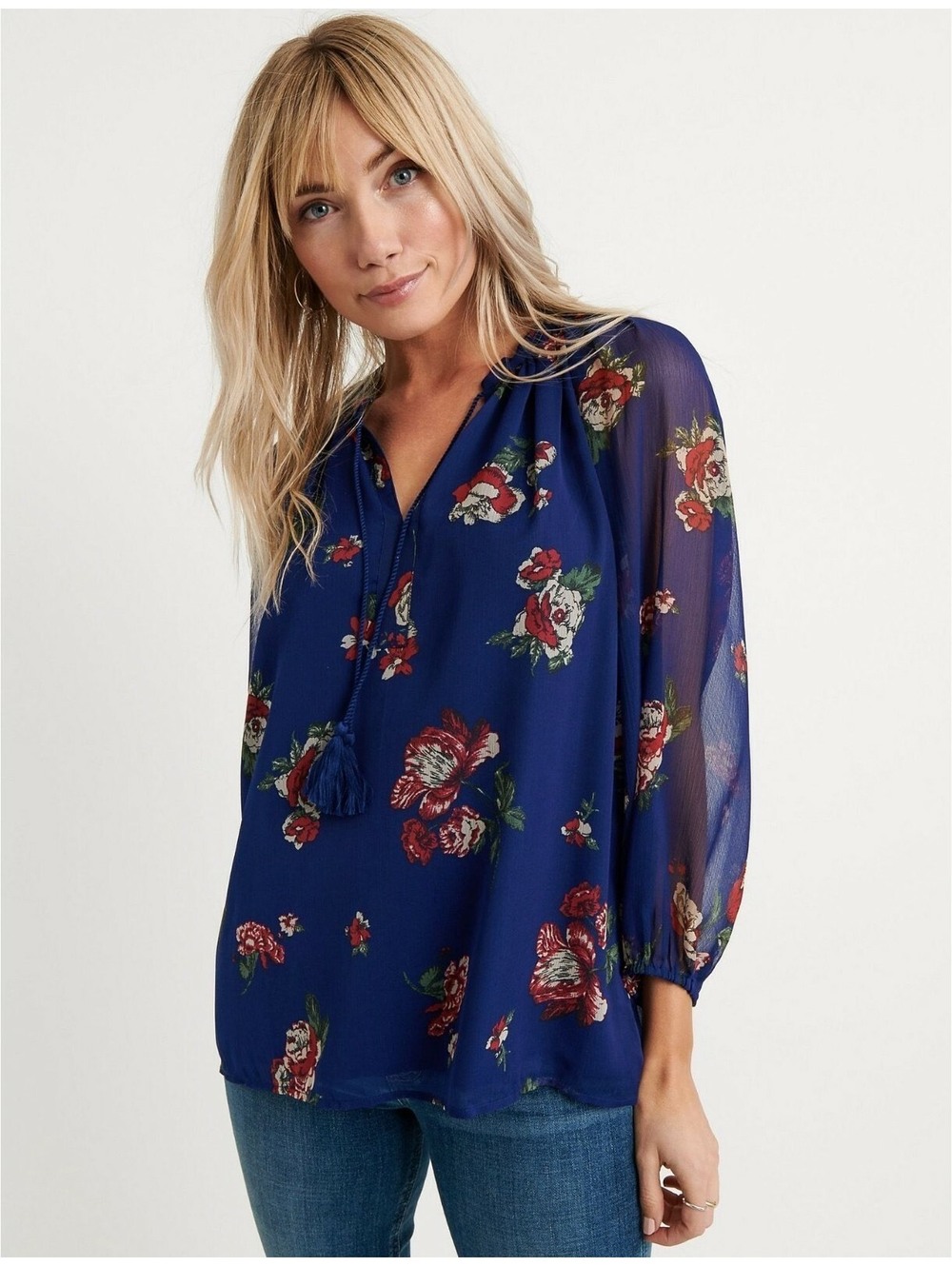 Lucky Brand Blue Chiffon Red Rose Floral Peasant V Neck Top Size Small